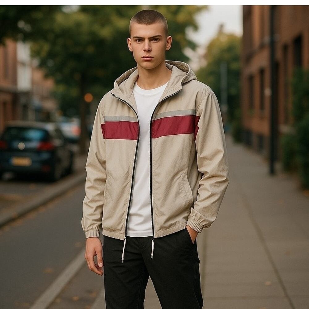 Bird's Surf Shed Windbreaker Large Tan Colorblock Hooded Jacket Surf Retro - Picture 2 of 11